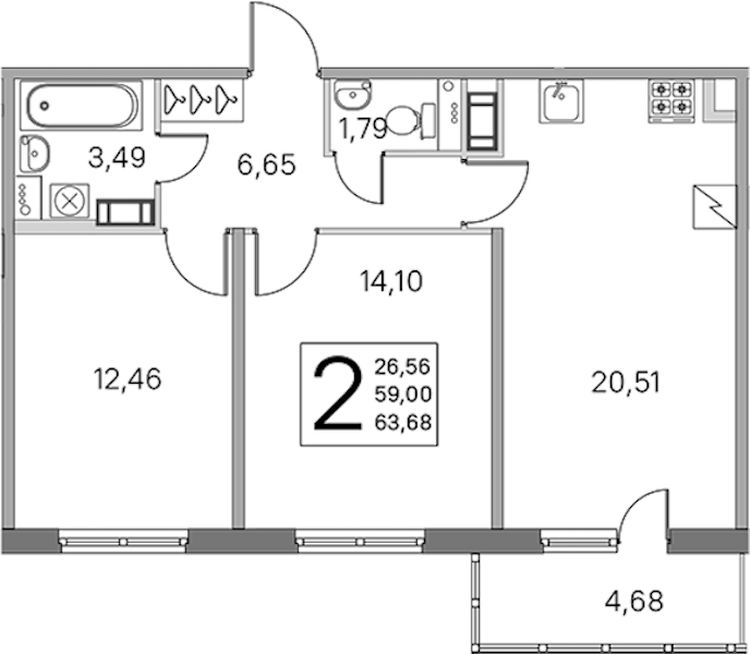 2-комнатная квартира 59 м², 4/5 эт., ЖК «ЮгТаун. Олимпийские кварталы»